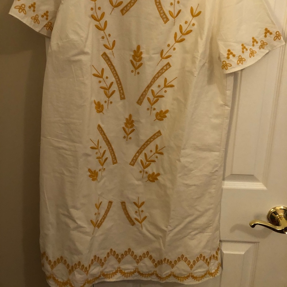 Loft cream shift dress with mustard yellow design